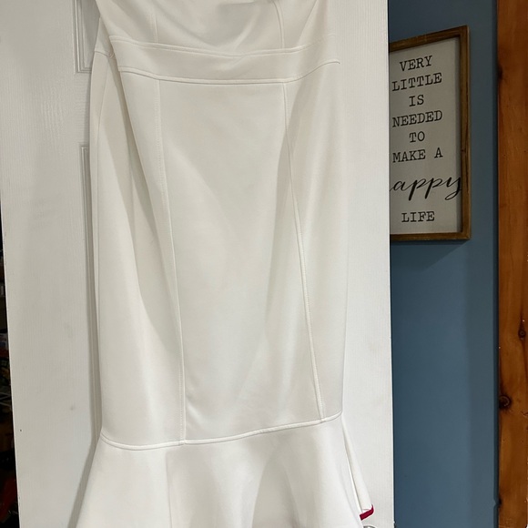 White strapless mermaid dress with hot pink trim and matching sweater. - Picture 2 of 4